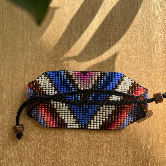 Colorful Geometric Pattern Beaded Cuff Bracelet - Wide Trendy Bohemian Bracelet - Picture 5 of 5